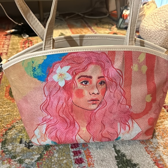 Hot Pink striped Tote / Hand Bag / Satchel. Attachable Crossbody strap. - Picture 4 of 12